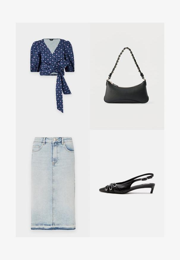 Marineblå blomsterprint omslagstop med korte pufærmer, en dyb V-halsudskæring og en bånddetalje i taljen. Stof er glat med en let glans.; Denim midi-sund i lys blå, med fem lommer, lige snit og afsluttet med en rå kant. Klassisk metalknap og lynlåslukning.; Sort læder slingback sko med spids tå, tre sølvspænder på forsiden og lav lille hæl på hvid baggrund.; Sort skuldertaske i læder med en buet rektangulær form, gyldent kæde vævet ind i en flettet sort rem og toplynlås.