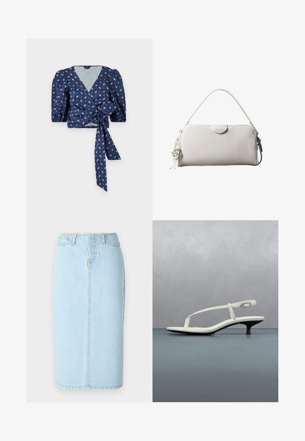 Navy kukkamalli kietaisupaita, jossa on lyhyet puff-hihat, syvä V-kaulus ja solmittava yksityiskohta vyötäröllä. Kangas on silkkinen ja siinä on kevyt kiilto.; Vaaleansininen denim-puolihame, jossa on korkea vyötärö, viisi taskua ja hienovaraiset tikkauskuviot saumoissa.; Valkoinen remmikiilakorkosandaali, jossa on kärjestään kärkikärkinen varvas, leijuu puulattian päällä ulkona sumean kasvi- ja seinätaustan edessä.; Valkoinen suorakaiteen muotoinen Calvin Kleinin käsilaukku, jossa on yksittäinen kahva, minimalistinen muotoilu ja koristeelliset tupsut, joissa on geometrinen metalliriipus sivulla.