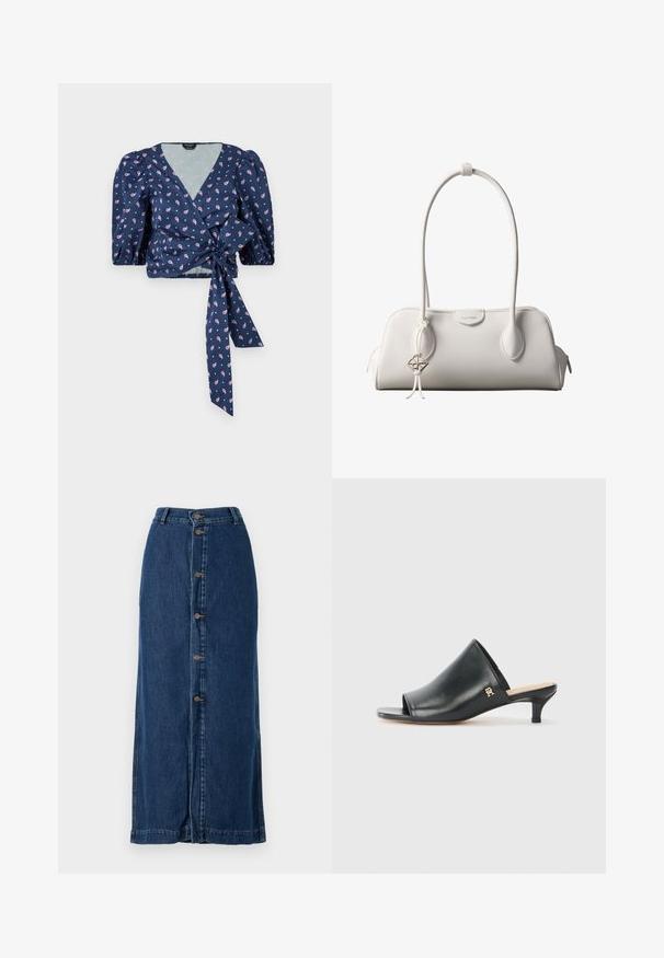 Marineblå blomsterprint omslagstop med korte pufærmer, en dyb V-halsudskæring og en bånddetalje i taljen. Stof er glat med en let glans.; Mørkeblå denim-maxiskørt med knaplukning foran og sideslids, med en lige silhuet og syet kant.; Sorte læder open-toe mules med en lav hæl. Har en glat overflade og et guld logo-prim på siden.; Hvid Calvin Klein skuldertaske med lange håndtag, rektangulær form, lynlåslukning og dekorativt logohæng tæt på håndtaget.