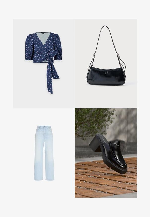 Marineblå blomsterprint omslagstop med korte pufærmer, en dyb V-halsudskæring og en bånddetalje i taljen. Stof er glat med en let glans.; Lyseblå, vidde jeans med høj talje, forknap og lynlås, bæltestropper samt lommer foran og bagpå.; Sort læder Calvin Klein slip-on mule med blokhæl, der hviler på trætøj udendørs nær en grøn plante og en grå væg.; Sort læderhåndtaske med en slank, buet form og skinnende overflade. Har sølvhardware og en lille logodetalje på forsiden.