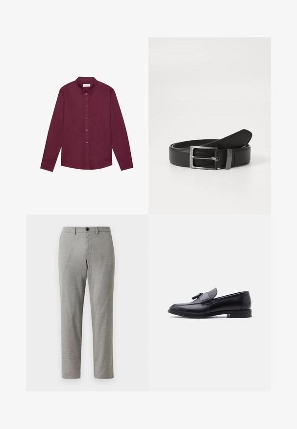 Chemise à manches longues en bordeaux profond, confectionnée dans un mélange de coton. Elle présente un col classique, une fermeture à boutons sur le devant et un léger éclat.; Pantalons tissés gris à coupe droite, dotés d'une fermeture à bouton et de passants de ceinture ; texture lisse et tissu léger pour un usage décontracté.; Mocassin en cuir noir avec panneau en tissu gris texturé et détail à pampilles, talon bas et bout arrondi, vu de côté sur fond blanc.; Ceinture en cuir noir avec une boucle en métal argenté, présentant une finition lisse et un design classique. La ceinture est soigneusement pliée.
