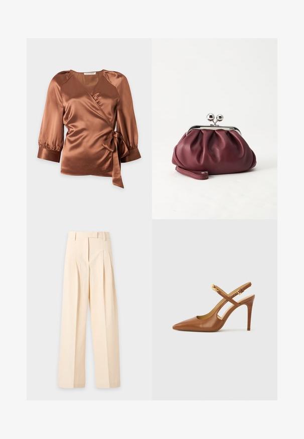 Blouse portefeuille en satin marron avec manches trois-quarts et nœud sur le côté, sur un fond clair uni.; Pantalon beige taille haute sur mesure avec plis, passants pour ceinture et jambes larges, étalé à plat sur un fond clair.; Escarpin à talon haut en cuir marron avec bride arrière, bout pointu, doté de brides croisées et d'un talon en bois texturé. Accent doré sur la bride.; Petit sac pochette en cuir bordeaux avec fermoir métallique argenté et bracelet sur fond blanc.