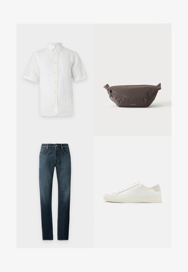 Hvid kortærmet skjorte med knapper, lavet af hør, med klassisk krave, træknapper og en let tekstureret overflade.; Mørke denimjeans med lige pasform, klassisk fem-lomme-design, kontrasterende syninger og en subtil slidt effekt på lårene.; Hvide lædersneakers med en glat overflade, rund tå og minimalistisk design. Funktioner i beige nuancer på hælen og en gummisål.; Mørkebrun stof talje taske med diagonalt lynlåslomme og lille hvidt logo på fronten, sat mod en ensfarvet lys baggrund.