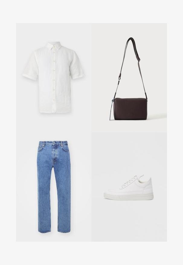 Hvid kortærmet skjorte med knapper, lavet af hør, med klassisk krave, træknapper og en let tekstureret overflade.; Won Hundred STEVE - Jeans Relaxed Fit - cut blue; Hvid lædersneaker med rundet tå, flad sål og snørebånd foran. Har syningsdetaljer og polstret krave for komfort.; Mørkebrun textured læder crossbody taske med justerbar rem og lille dekorativ blå accent på siden.