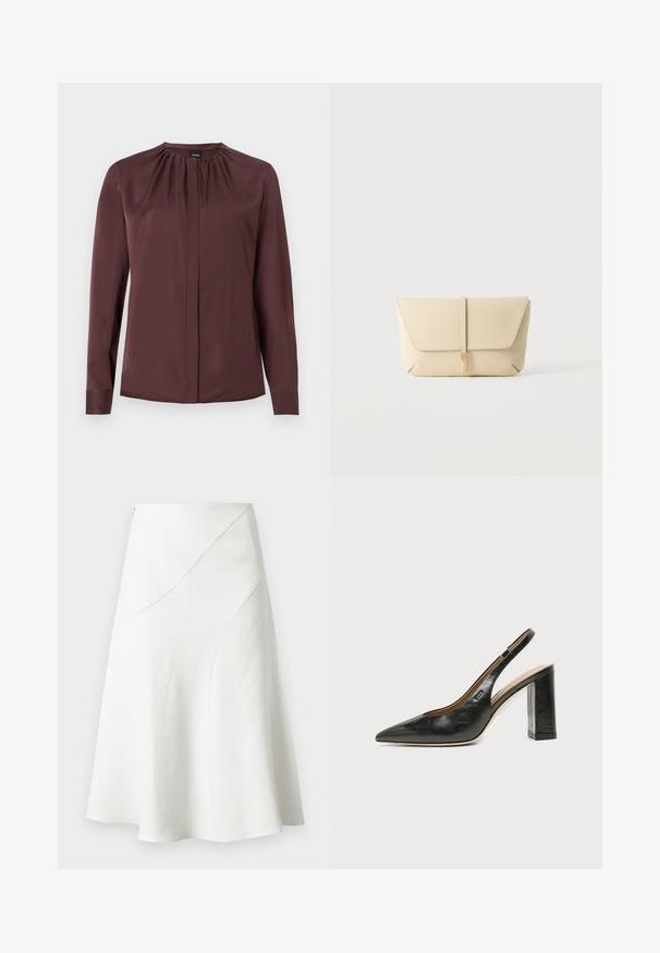 Blouse à manches longues, marron foncé, avec un col froncé et des boutons avant cachés, fabriquée en tissu lisse.; Jupe blanche trapèze avec des détails subtils de coutures courbes, longueur au genou et texture de tissu lisse.; Chaussure slingback en cuir noir à bout pointu avec un talon bloc haut et une doublure intérieure beige sur un fond clair uni.; Pochette en cuir beige avec rabat avant et fermeture par sangle verticale, sur un fond clair uni.