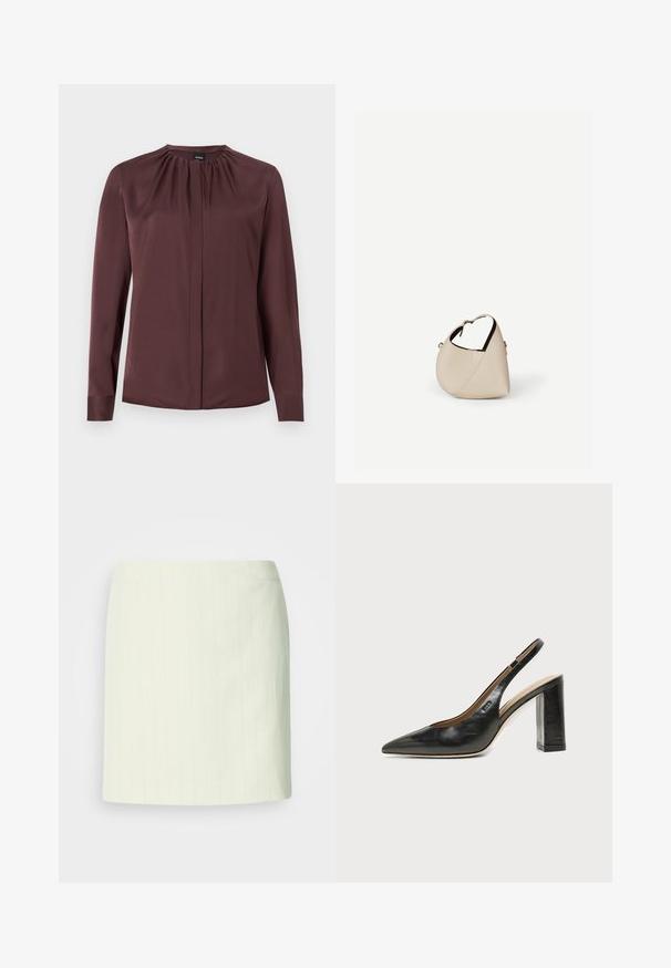 Blouse à manches longues, marron foncé, avec un col froncé et des boutons avant cachés, fabriquée en tissu lisse.; Jupe crayon ivoire longueur genou avec de subtiles fines rayures verticales et une taille cintrée.; Chaussure slingback en cuir noir à bout pointu avec un talon bloc haut et une doublure intérieure beige sur un fond clair uni.; Sac à main en cuir beige en forme de croissant avec une seule bandoulière et des coutures minimalistes, posé sur un fond blanc uni.