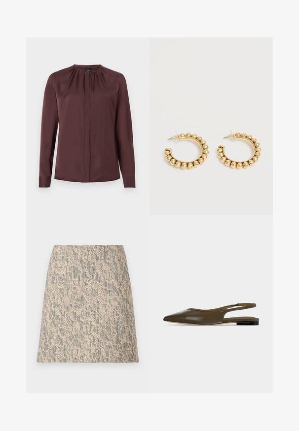 Blouse à manches longues, marron foncé, avec un col froncé et des boutons avant cachés, fabriquée en tissu lisse.; Mini-jupe en tissu tissé beige et gris avec une forme évasée en A et un motif irrégulier subtil.; Chaussure plate à bout pointu vert olive avec bride arrière, talon noir bas et finition lisse et brillante.; Paire de boucles d’oreilles créoles dorées avec des détails de perles arrondies le long du bord extérieur sur un fond clair.