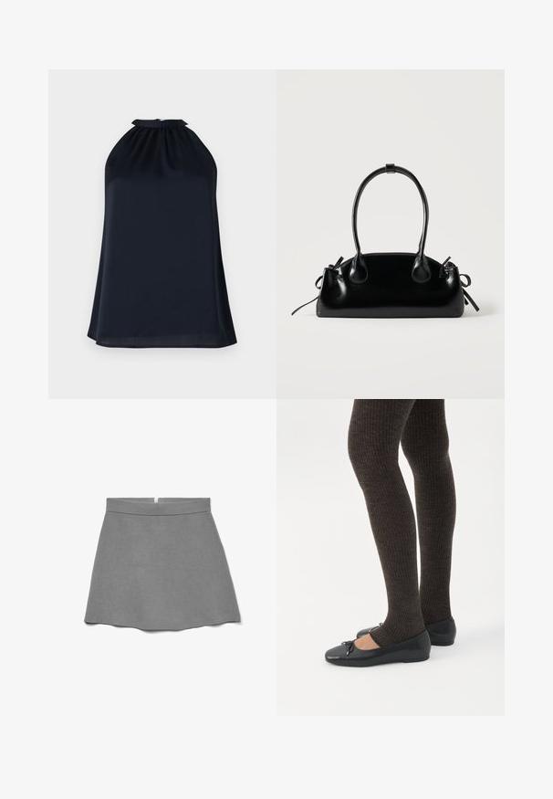 Marine haltertop gemaakt van een gladde, lichte stof. Heeft een geplooide halslijn en een subtiele, vloeiende silhouet.; Grijze rok van zachte stof, met een hoge taille, uitlopende vorm en een verborgen rits aan de achterkant.; Benen met donkere geribbelde leggings gecombineerd met zwarte ballerina's met kleine strikdetails op een witte achtergrond.; Kleine zwarte glanzende handtas met twee lange hengsels en zijkant trekkoord details op een effen lichte achtergrond.