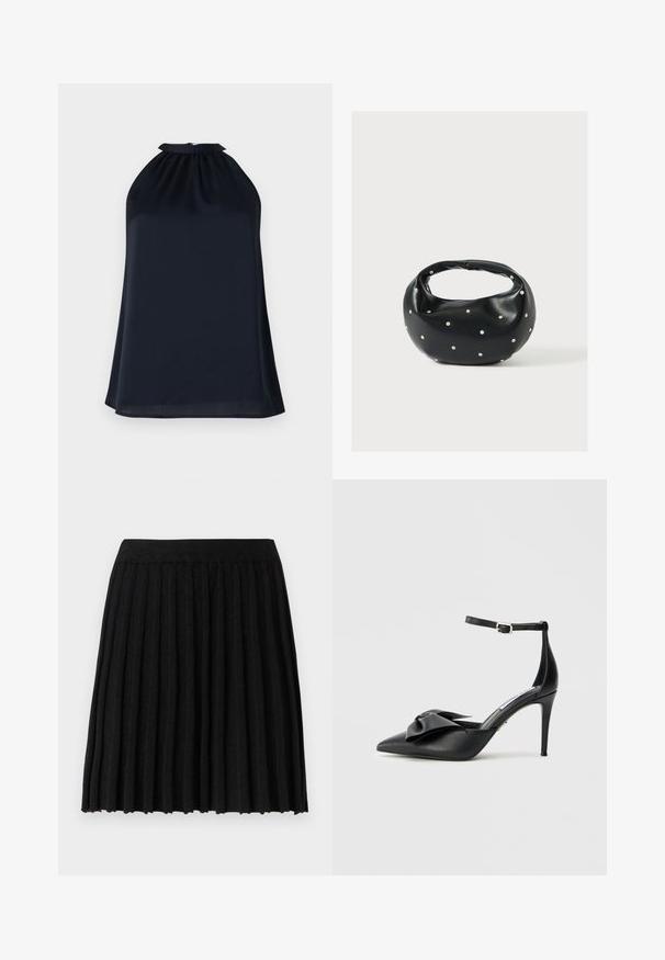 Top en estilo halter de color navy, confeccionado con una tela suave y ligera. Presenta un escote fruncido y una silueta sutil y fluida.; Vero Moda Knitted VMMARINA Short - Minifalda - black; Zapato de tacón alto negro con puntera puntiaguda, adorno de lazo de satén y correa ajustable en el tobillo con herrajes plateados. Textura de cuero suave.; Bolso de mano de cuero negro con forma redondeada, decorado con detalles de tachuelas plateadas y un asa corta. Textura lisa y cierre con cremallera.