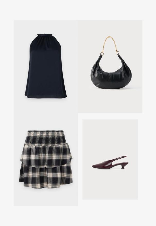 Marine haltertop gemaakt van een gladde, lichte stof. Heeft een geplooide halslijn en een subtiele, vloeiende silhouet.; Zwart-wit geruite tiered rok met smock tailleband. Heeft gerimpelde lagen en een zachte katoentextuur.; Bordeauxrode slingback schoen met spits toelopende neus, lage kittenhak en een gladde leren afwerking, vanuit de zijkant getoond op een witte achtergrond.; Zwart lederen handtas in de vorm van een halve maan met een gouden kettingriem en een zijritstrekker.