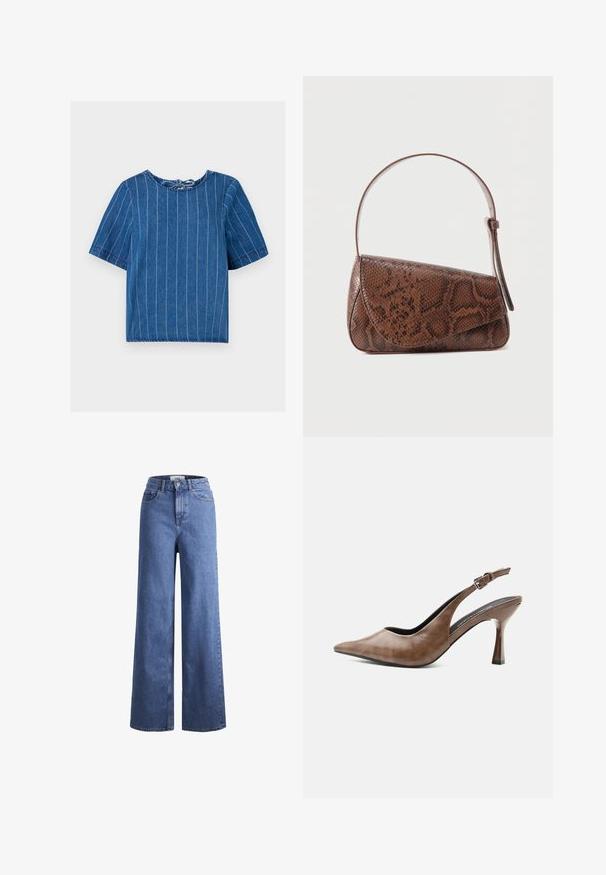 Dunkelbluse aus Denim mit vertikalen weißen Streifen, rundem Ausschnitt, kurzen Ärmeln und Bindegürtel im Rücken. Weiche Textur, lässiges Design.; Helleblaue Denim-Weite-Leg-Jeans mit hoher Taille, zwei vorderen Taschen und sichtbarer Naht. Mit Knopf- und Reißverschluss.; Brauner Lederslingpumps mit spitzer Kappe, verstellbarem Schnallenriemen und schlankem, zugespitztem Absatz.; Braune Schultertasche aus Leder mit Schlangenledermuster, Klappverschluss und einem verstellbaren Riemen vor einfarbigem Hintergrund.