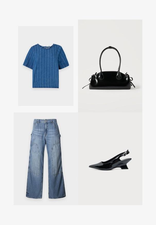 Dunkelbluse aus Denim mit vertikalen weißen Streifen, rundem Ausschnitt, kurzen Ärmeln und Bindegürtel im Rücken. Weiche Textur, lässiges Design.; Good American GOOD EASE RELAXED - Jeans Relaxed Fit - indigo; Schwarzer Slingback-Schuh aus Lackleder mit spitzer Spitze und niedrigem, schrägem Blockabsatz auf einfachem hellem Hintergrund.; Kleine schwarze glänzende Handtasche mit zwei langen Griffen und seitlichen Kordelzug-Details vor einfachem hellem Hintergrund.