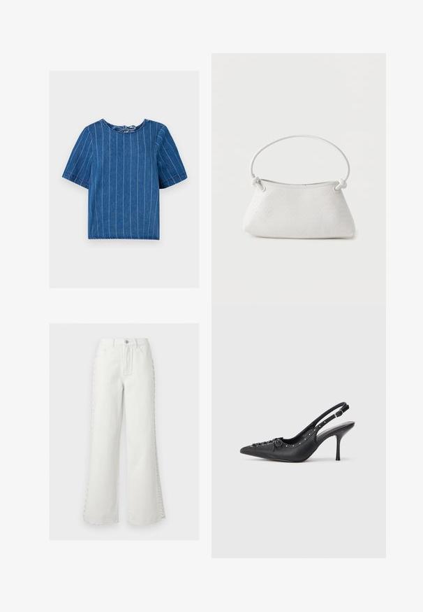 Denim top i mørkeblue med lodrette hvide striber, rund halsudskæring, korte ærmer og bindebånd bagpå. Blød tekstur, afslappet design.; Hvide jeans med høj talje og vide ben, foran lommer, bæltestropper, knaplukning og dekorativ snøredetalje på siderne af begge ben.; Sorte læder slingback stiletto med spids tå, side spændebånd, nitter langs kanten og dekorativ snøring foran.; Hvid fletlæderhåndtaske med afrundet håndtag og ender på remmen, der er knyttet, vist mod en ensfarvet baggrund.