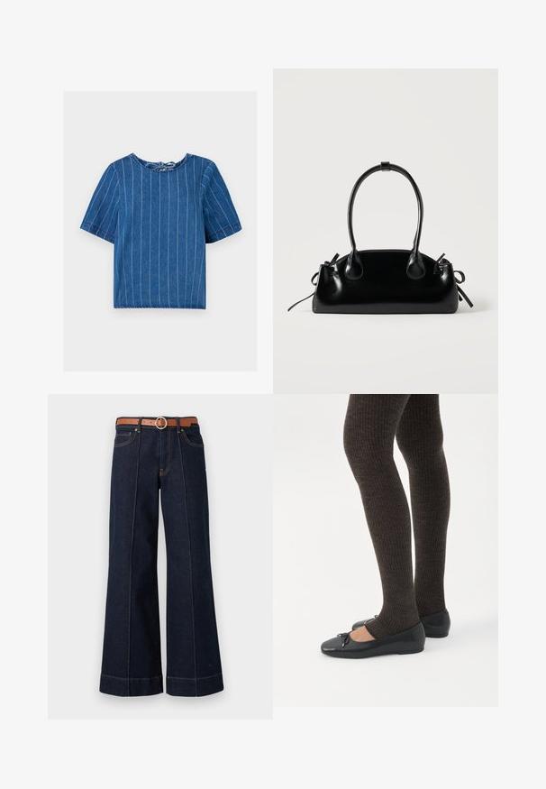Denim top i mørkeblue med lodrette hvide striber, rund halsudskæring, korte ærmer og bindebånd bagpå. Blød tekstur, afslappet design.; Mørkeblå denim wide-leg jeans med høj talje, brun bælte og synlige syningsdetaljer. Har forlommer og en afslappet pasform.; Ben iført mørke ribbede leggings kombineret med sorte balletsko med små sløjfedetaljer på hvid baggrund.; Lille sort blank håndtaske med to lange håndtag og snøre-detaljer i siden på en ensfarvet lys baggrund.