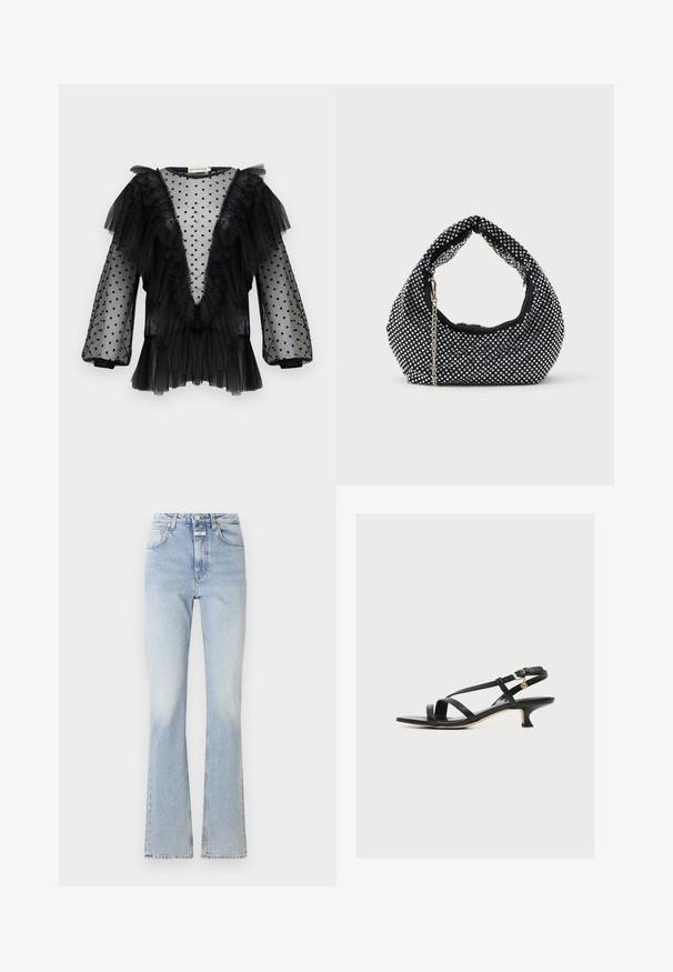 Blouse en tulle noir avec des pois, manches à volants, décolleté en V profond, texture superposée et détails froncés le long de l'encolure et de l'ourlet.; Jean en denim bleu clair avec une taille haute, des jambes évasées et une texture légèrement décolorée. Comprend une fermeture à bouton et à fermeture éclair, avec cinq poches.; Sandale noire en cuir pour femme avec fines brides croisées, petit talon kitten et petite boucle dorée sur la bride de cheville.; Sac à main en maille noire orné de clous en argent, avec une poignée incurvée et une bandoulière en chaîne. Texture douce avec une forme arrondie.