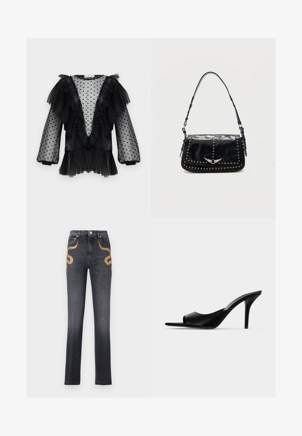 Blouse en tulle noir avec des pois, manches à volants, décolleté en V profond, texture superposée et détails froncés le long de l'encolure et de l'ourlet.; Jean noir à taille haute et jambes droites, avec des motifs de serpents en sequins dorés sur les poches avant et une fermeture à bouton doré.; Mule à talon haut en cuir noir à bout ouvert avec un talon stiletto fin, vue de profil sur un fond uni.; Sac à épaule en cuir noir avec des clous argentés et un emblème métallique ailé sur le rabat avant sur fond uni.