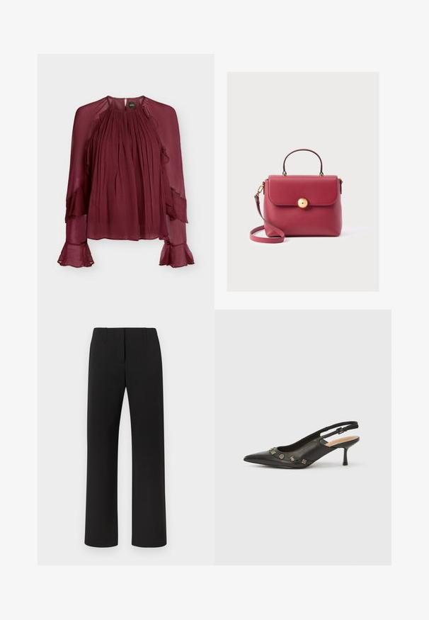 Blouse bordeaux transparente à manches longues, devant plissé, détails volantés aux manches et encolure ronde avec fermeture boutonnée au dos.; Pantalon noir à coupe droite, avec une texture lisse, une fermeture avant dissimulée et deux poches avant.; Escarpin à bride arrière en cuir noir avec bout pointu, petit talon et accents métalliques décoratifs le long de l'ouverture avant. Texture lisse.; Sac à main en cuir rouge au design structuré, avec des accessoires dorés, une poignée supérieure et une bandoulière réglable. Dispose d'une fermeture magnétique.