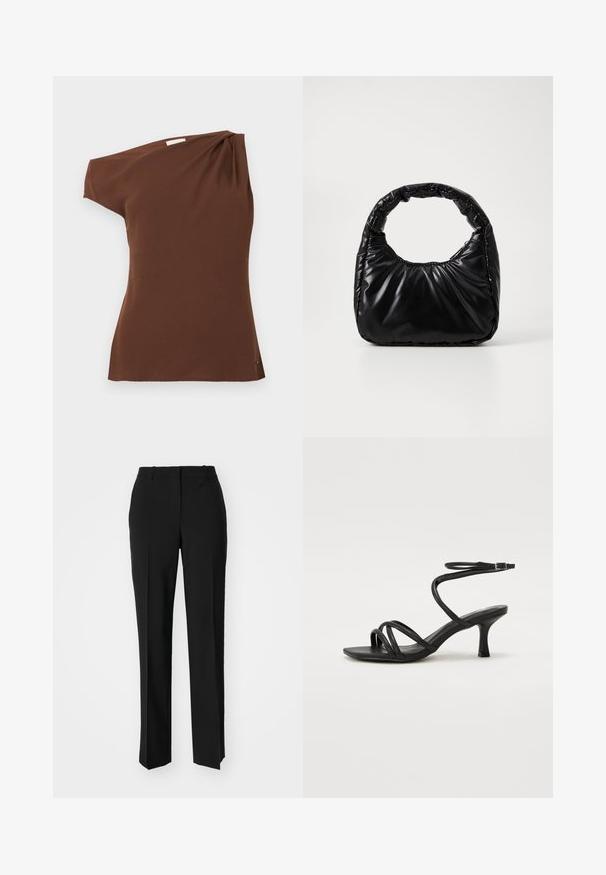 Top brun à une épaule en tissu doux. Présente un détail drapé sur l'épaule et un ourlet courbé en bas.; Pantalon noir ajusté avec une coupe droite, présentant une texture lisse et des plis nets sur le devant. Aucune quincaillerie visible.; Even&Odd Wide Fit Sandales - black; Sac à main noir rembourré avec une poignée arrondie, présentant une surface lisse et brillante ainsi qu'une texture douce et matelassée. Pas de quincaillerie ou d'accents visibles.