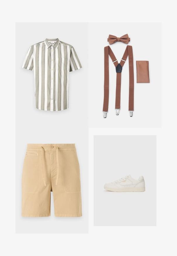 Chemise à manches courtes avec boutons, rayée beige clair et blanche, dotée d'une poche, fabriquée dans un tissu léger, avec un col.; Shorts beiges en coton, avec une taille à cordon, des poches avant et des coutures visibles. Design simple et décontracté.; Sneaker en cuir blanc avec une texture lisse, comportant des accents perforés, un laçage à l'avant, et un logo subtil en doré près du côté.; Bretelles élastiques marron avec des clips en argent, nœud papillon marron assorti et pochette, tous présentant une texture lisse.