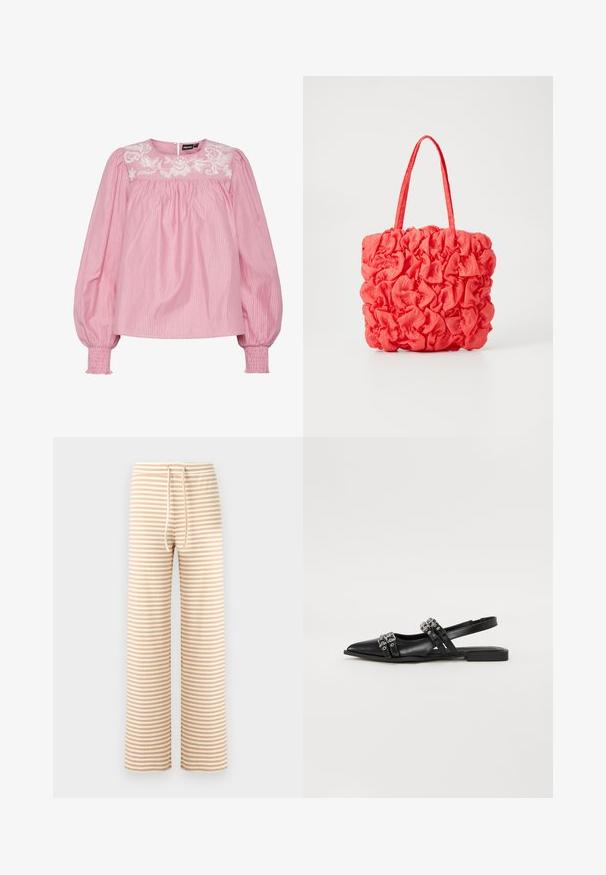 Blouse rose à rayures avec un col rond, des poignets élastiques et un motif floral brodé sur le devant. Fabriquée en tissu léger.; Pantalon large à rayures beiges et crème, en tissu doux avec une taille à cordon de serrage et une coupe décontractée. Motif à rayures verticales sur toute la surface.; Even&Odd Ballerines à brides arrière - black; Sac fourre-tout corail avec un design texturé et froncé. Fabriqué en tissu doux, il dispose de deux poignées robustes et d'un intérieur spacieux.