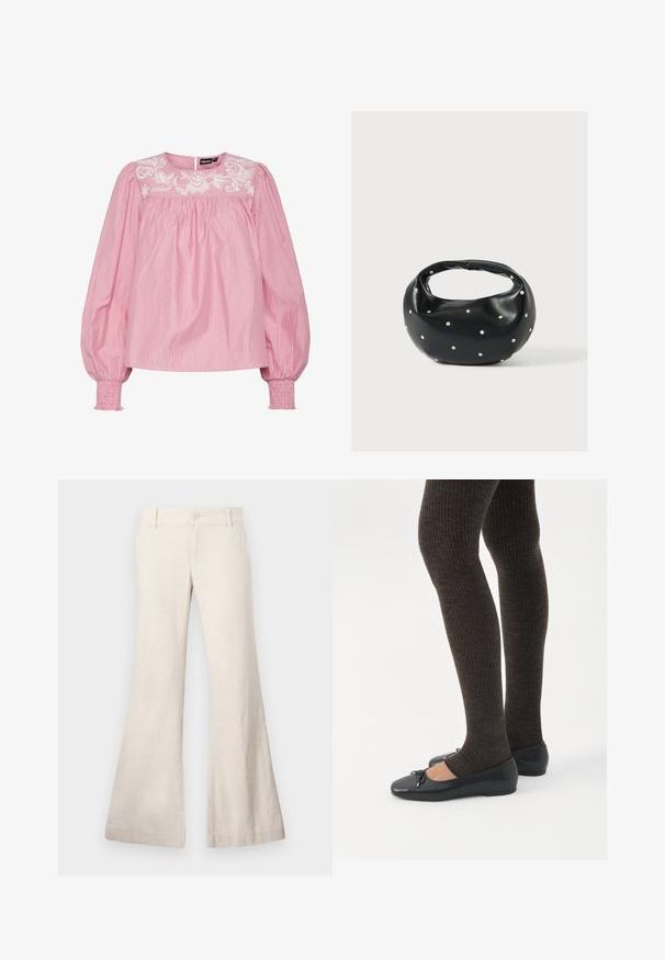 Blouse rose à rayures avec un col rond, des poignets élastiques et un motif floral brodé sur le devant. Fabriquée en tissu léger.; Pantalons beiges évasés en tissu léger composé de lin. Présente une fermeture à bouton à l'avant et des poches latérales. Texture lisse, design décontracté.; Jambes portant des leggings côtelés foncés associés à des ballerines noires avec de petits détails en nœud sur fond blanc.; Sac à main en cuir noir de forme arrondie, décoré de clous argentés et équipé d'une poignée courte. Texture lisse et fermeture éclair.