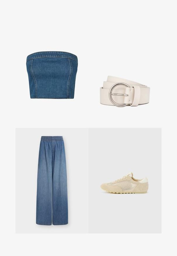 Haut sans bretelles en denim bleu foncé, présentant une coupe structurée, des coutures latérales et des coutures visibles le long des bords pour plus de détails.; Pantalon en denim bleu clair à jambes larges avec taille élastique présenté à plat sur fond blanc.; Baskets basses beiges avec panneaux latéraux en mesh, superpositions en suède, fermeture à lacets et semelle en caoutchouc sur un fond clair uni.; Ceinture en cuir blanc à texture lisse, dotée d'une boucle circulaire en argent et de bords soigneusement finis.