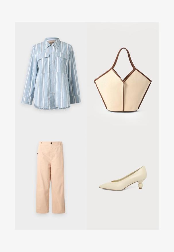 Hellblaues Button-Up-Hemd mit weißen vertikalen Streifen, zwei Fronttaschen und langen Ärmeln. Glattes Material und spitzes Kragen.; Beige Baumwoll-Cropped-Hosen mit geradem Schnitt, ausgestattet mit einem einzelnen Knopf an der Taille und seitlichen Taschen. Glatte Textur ohne Muster.; Damenpumps in cremefarben mit spitz zulaufender Schuhspitze und niedrigem, kugelförmigem Absatz vor einfarbigem Hintergrund.; Canvas-Tasche mit einem cremfarbenen Körper und braunen Lederakzenten. Das Design zeichnet sich durch eine einzigartige V-förmige Öffnung und zwei geschwungene Griffe aus.