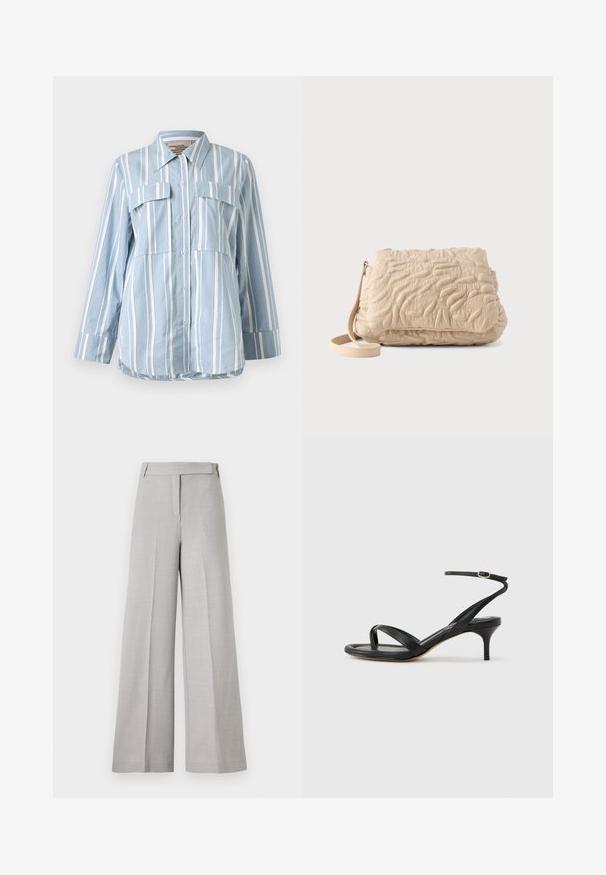 Hellblaues Button-Up-Hemd mit weißen vertikalen Streifen, zwei Fronttaschen und langen Ärmeln. Glattes Material und spitzes Kragen.; Helle graue weit geschnittene Hose aus einem glatten Material, mit einem taillierten Bund und einer vorderen Bügelfalte für einen eleganten Look.; Schwarze Ledersandale für Damen mit dünnen Riemchen, einer Zehenlasche, einer Knöchelschnalle und einem mittelhohen Stöckelabsatz vor neutralem Hintergrund.; Beige gesteppte Schultertasche mit unregelmäßigen Steppmuster und einem abnehmbaren Trageriemen, dargestellt vor hellem Hintergrund.