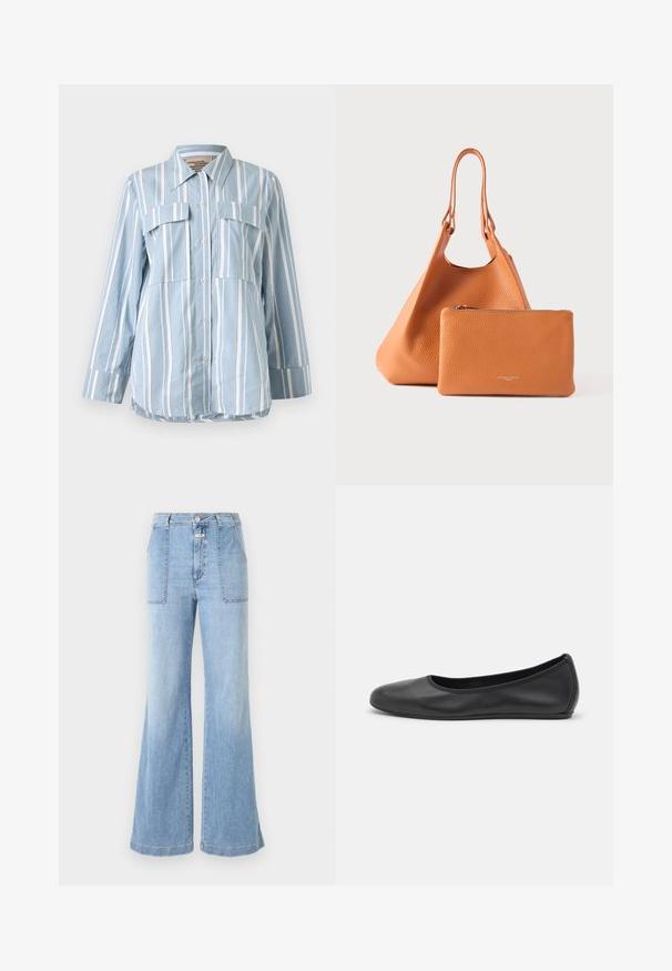 Hellblaues Button-Up-Hemd mit weißen vertikalen Streifen, zwei Fronttaschen und langen Ärmeln. Glattes Material und spitzes Kragen.; CLOSED ARIA - Flared Jeans - light blue; Schwarze Leder-Ballettschuhe mit abgerundeter Spitze, glatter Textur, minimalen Nähdetails und einem flexiblen Sohlen-Design.; Orangefarbener Ledertaschen-Shopper mit strukturierter Oberfläche und doppelten Griffen, dazu eine passende Reißverschlusstasche. Beide Artikel sind glatt und minimalistisch.