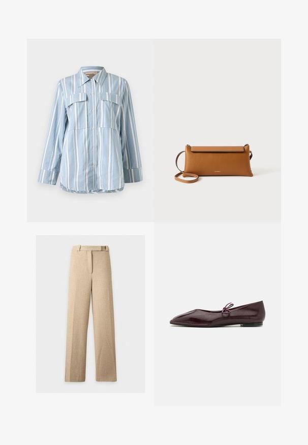 Hellblaues Button-Up-Hemd mit weißen vertikalen Streifen, zwei Fronttaschen und langen Ärmeln. Glattes Material und spitzes Kragen.; Beige und hellbraun gemusterte Hahnentritt-Hosen mit geradem Bein, Gürtelschlaufen und Vorderverschluss auf weißem Hintergrund.; Ballerinas aus bordeauxrotem Lackleder mit einer spitzen Zehenform und einem dekorativen lila Bogen auf dem Blatt; flaches Sohlen-Design.; Braune Leder-Clutch-Tasche, rechteckige Form, strukturierte Oberfläche, abnehmbarer Tragegurt, Reißverschlussverschluss, dezentes Logo auf der Vorderseite geprägt.