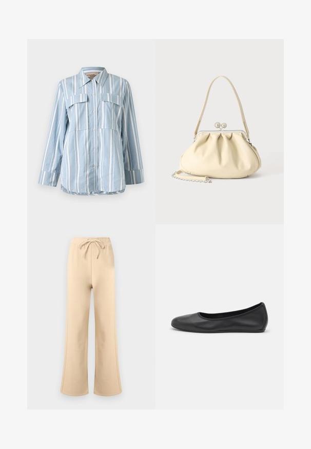 Hellblaues Button-Up-Hemd mit weißen vertikalen Streifen, zwei Fronttaschen und langen Ärmeln. Glattes Material und spitzes Kragen.; Beige Sweatpants mit weitem Bein, elastischem Bund und Kordelzug, dezenten Seitennähten und einem schwachen Markenlogo in der Nähe der Taille.; Schwarze Leder-Ballettschuhe mit abgerundeter Spitze, glatter Textur, minimalen Nähdetails und einem flexiblen Sohlen-Design.; Cremafarbene weiche Lederhandtasche mit gerafftem Design, silbernem Rahmenschloss, kurzem Griff und abnehmbarem Kettenriemen.