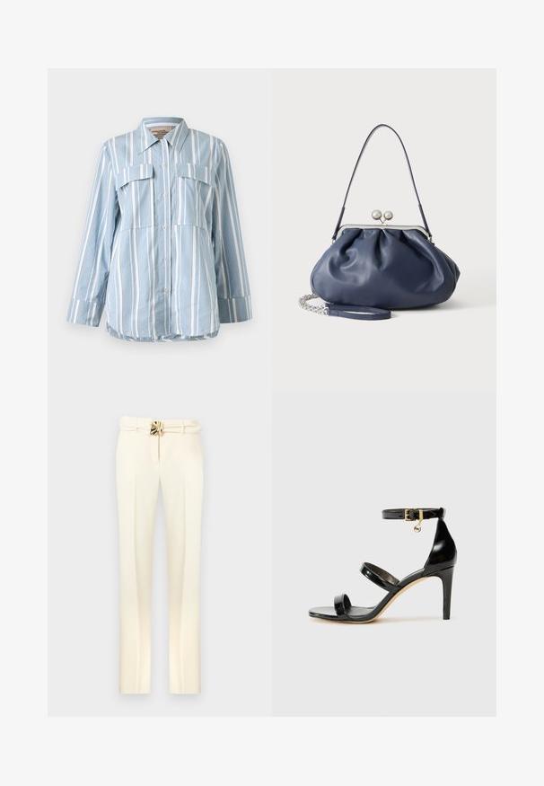 Hellblaues Button-Up-Hemd mit weißen vertikalen Streifen, zwei Fronttaschen und langen Ärmeln. Glattes Material und spitzes Kragen.; Cremefarbene, maßgeschneiderte Hose mit einem taillierten Gürtel mit goldfarbenen Beschlägen, geraden Beinen und einer glatten, weichen Textur.; Schwarze Lackleder-Sandale mit drei Riemen, Knöchelriemen und 10 cm hohen Stiletto-Absatz. Verfügt über goldfarbene Hardware-Details und ein Logo-Charm.; Weiche navyblaue Ledertasche mit silberner Verschlussklammer, einem einzelnen Schulterriemen und abnehmbarem Ketten-Handgelenksriemen auf weißem Hintergrund.