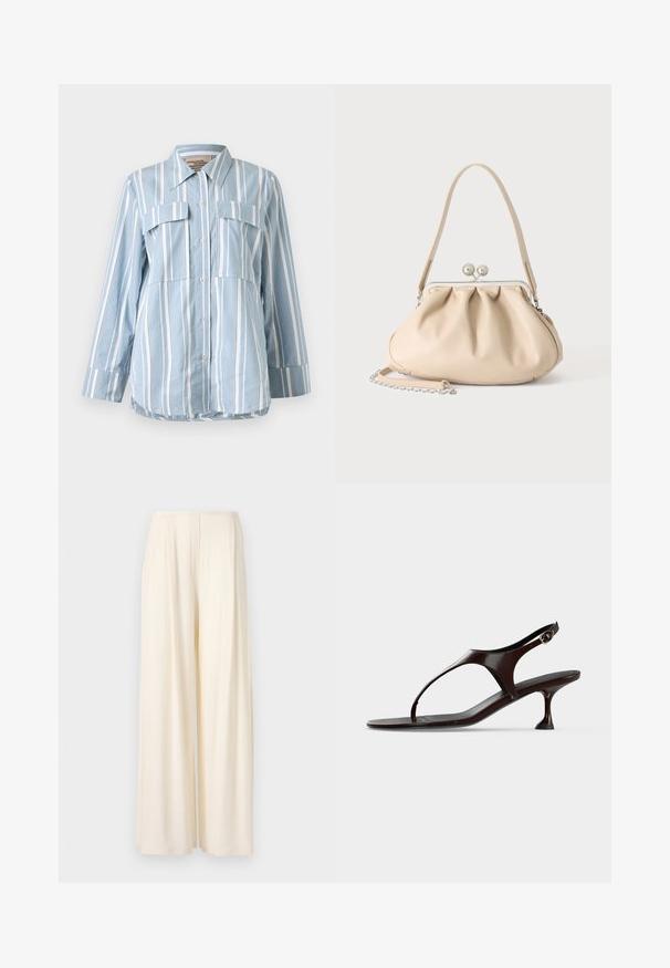 Hellblaues Button-Up-Hemd mit weißen vertikalen Streifen, zwei Fronttaschen und langen Ärmeln. Glattes Material und spitzes Kragen.; Norma Kamali MENS PLEAT - Stoffhose - cream; Dunkelbraune Lackleder-Slingback-Sandale mit kittenabsatz und Zehensteg auf weißem Hintergrund.; Beige weiche Lederhandtasche mit silbernem Metallrahmenverschluss, einem Schulterriemen und einem optionalen Kettenriemen auf weißem Hintergrund.