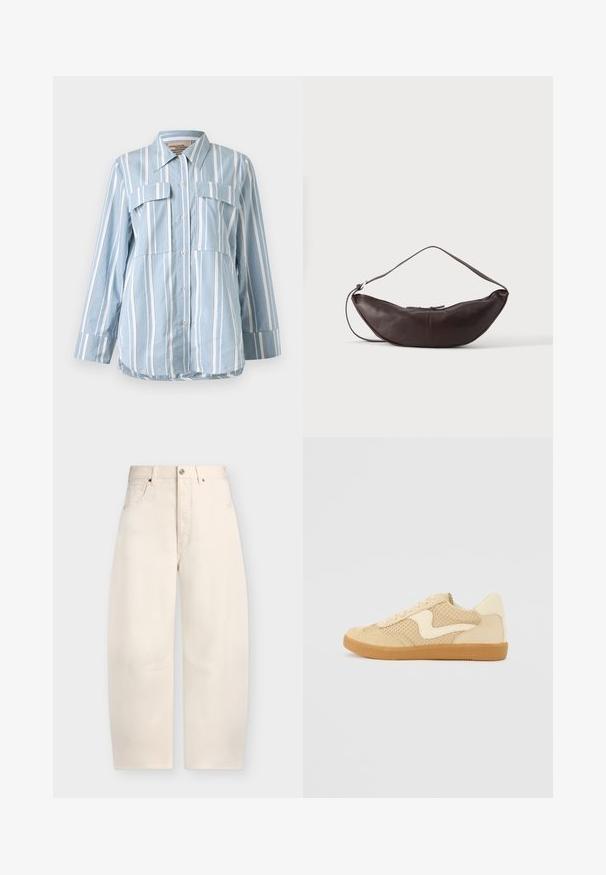 Hellblaues Button-Up-Hemd mit weißen vertikalen Streifen, zwei Fronttaschen und langen Ärmeln. Glattes Material und spitzes Kragen.; Elfenbeinfarbene, weit geschnittene Hose mit hohem Bund, vorderem Knopf und Reißverschluss, Gürtelschlaufen und zwei Vordertaschen vor einfarbigem Hintergrund.; Beige Sneaker aus Wildleder und Mesh-Materialien, runde Form, auffälliger gepolsterter Kragen und eine Sohle aus Gummi. Verfügt über ein wellenförmiges Design-Highlight.; Dunkelbraune Leder-Schultertasche in Halbmondform mit gebogenem Riemen und sichtbarer Naht auf schlichtem Hintergrund.