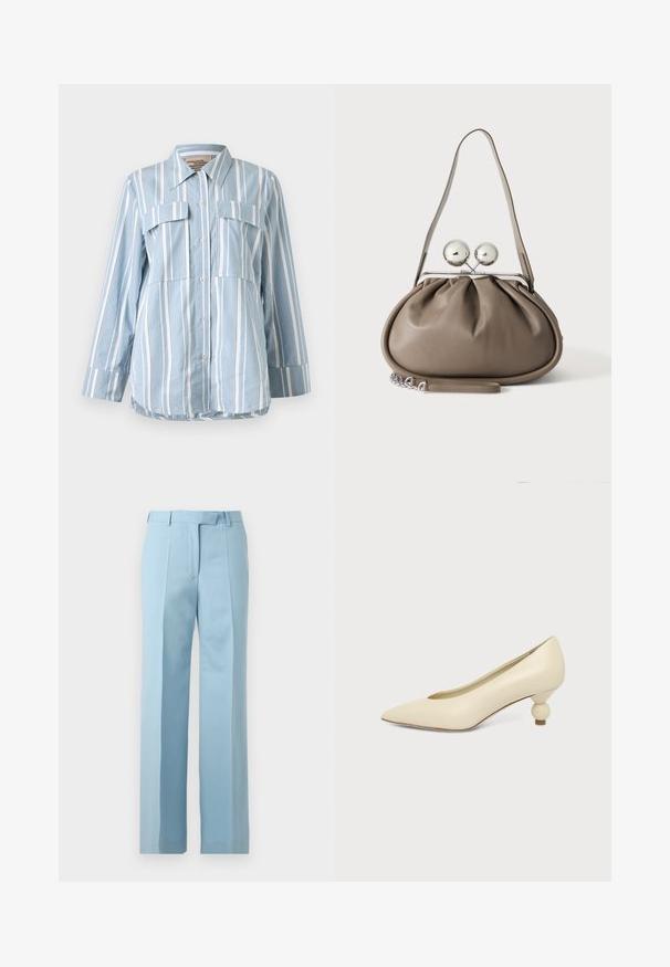 Hellblaues Button-Up-Hemd mit weißen vertikalen Streifen, zwei Fronttaschen und langen Ärmeln. Glattes Material und spitzes Kragen.; Hellblaue, maßgeschneiderte Hose mit hoher Taille, Gürtelschlaufen, vorderen Falten und geradem Bein auf weißem Hintergrund.; Damenpumps in cremefarben mit spitz zulaufender Schuhspitze und niedrigem, kugelförmigem Absatz vor einfarbigem Hintergrund.; Graue Lederhandtasche mit abgerundeter Form, oberem Verschluss mit zwei großen silbernen Kugeln und einem einzelnen Trageriemen.