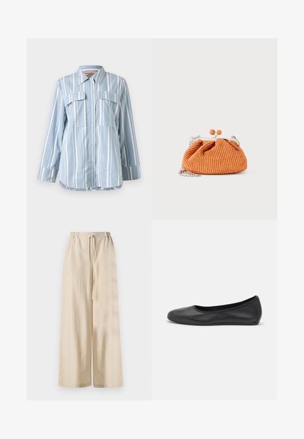 Hellblaues Button-Up-Hemd mit weißen vertikalen Streifen, zwei Fronttaschen und langen Ärmeln. Glattes Material und spitzes Kragen.; Helle beige weite Hosen aus weichem Stoff, mit vertikalen Streifen und einem elastischen Bund mit Kordelzug-Detail.; Schwarze Leder-Ballettschuhe mit abgerundeter Spitze, glatter Textur, minimalen Nähdetails und einem flexiblen Sohlen-Design.; Kleine orangefarbene gewebte Clutch-Handtasche mit silbernem Metallrahmen, rundem Verschluss und silberner Kettenriemen auf weißem Hintergrund.