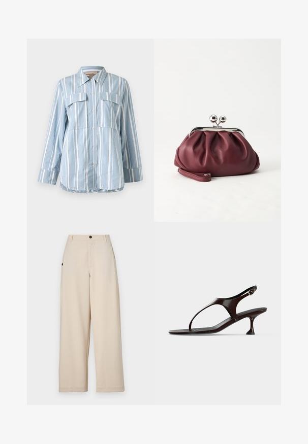 Hellblaues Button-Up-Hemd mit weißen vertikalen Streifen, zwei Fronttaschen und langen Ärmeln. Glattes Material und spitzes Kragen.; Beige weit geschnittene Hose aus weichem Stoff, mit einem Frontknopfverschluss, Seitentaschen und einer lockeren Passform.; Dunkelbraune Lackleder-Slingback-Sandale mit kittenabsatz und Zehensteg auf weißem Hintergrund.; Kleine burgunderrote Lederclutch mit silbernem Metallverschluss und Handgelenksriemen auf weißem Hintergrund.