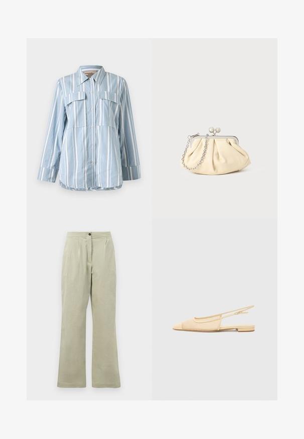Hellblaues Button-Up-Hemd mit weißen vertikalen Streifen, zwei Fronttaschen und langen Ärmeln. Glattes Material und spitzes Kragen.; Hellegrüne weite Hose aus weichem Stoff, mit einem Frontknopfverschluss, Falten und einem sauberen Saum.; Slingback-Ballerina in hellbeige mit einem Netz-Obermaterial, spitz zulaufender Zehenpartie und niedrigem Absatz. Verfügt über einen verstellbaren Riemen für eine optimale Passform.; Faltige beigefarbene Ledertasche mit einem silbernen Metallrahmen, ausgestattet mit zwei runden dekorativen Verschlüssen und einem silbernen Kettenriemen.