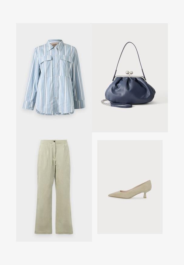 Hellblaues Button-Up-Hemd mit weißen vertikalen Streifen, zwei Fronttaschen und langen Ärmeln. Glattes Material und spitzes Kragen.; Hellegrüne weite Hose aus weichem Stoff, mit einem Frontknopfverschluss, Falten und einem sauberen Saum.; Beiger Veloursleder-Damenspitzpumps mit niedrigem, schlankem Kittenheel und einer glatten, matten Oberfläche.; Weiche navyblaue Ledertasche mit silberner Verschlussklammer, einem einzelnen Schulterriemen und abnehmbarem Ketten-Handgelenksriemen auf weißem Hintergrund.