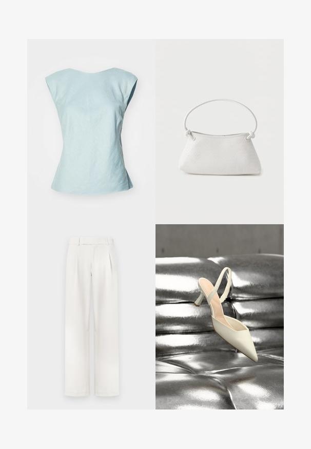 Débardeur bleu clair sans manches avec un large décolleté, fabriqué dans un tissu texturé, présentant une coupe structurée et une fin de bas évasée.; Pantalons larges de couleur crème avec un devant plat, des plis et une texture de tissu lisse. Conçus avec des passants de ceinture et des ourlets ajustés.; Chaussure à talon haut blanche à bout pointu et bride arrière reposant sur une surface capitonnée argent métallique brillante.; Sac à main en cuir tressé blanc avec poignée arrondie et extrémités de lanière nouées, présenté sur un fond uni.