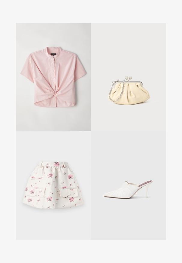 Chemise rose à manches courtes, présentant un col band collar et un détail de devant torsadé, fabriquée en un tissu doux en mélange de coton.; Jupe florale en tissu blanc avec des motifs de fleurs roses et vertes. Elle dispose de deux poches avant avec un rabat et des fermetures à bouton. Taille froncée.; Mules blanches à bout pointu, texture plissée sur le dessus, et talon stiletto fin. Surface lisse et design minimaliste.; Pochette en cuir beige plissé avec un cadre en métal argenté, dotée de deux fermoirs ronds décoratifs et d'une chaîne en argent.