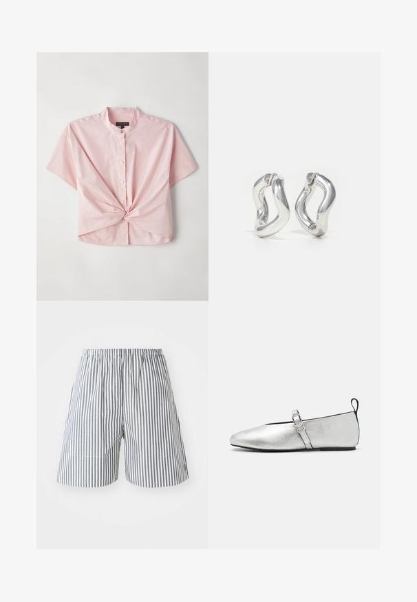 Chemise rose à manches courtes, présentant un col band collar et un détail de devant torsadé, fabriquée en un tissu doux en mélange de coton.; Shorts rayés en coton bleu marine et blanc, dotés d'une taille élastique et d'une coupe décontractée. Longueur mi-cuisse avec des détails de couture subtils.; rag & bone SPIRE MARY JANE - Babies - silver; Boucles d'oreilles créoles argentées avec un design torsadé. Bords arrondis et finition brillante. Fermoirs ouverts pour un port facile. Texture lisse sur toute la surface.