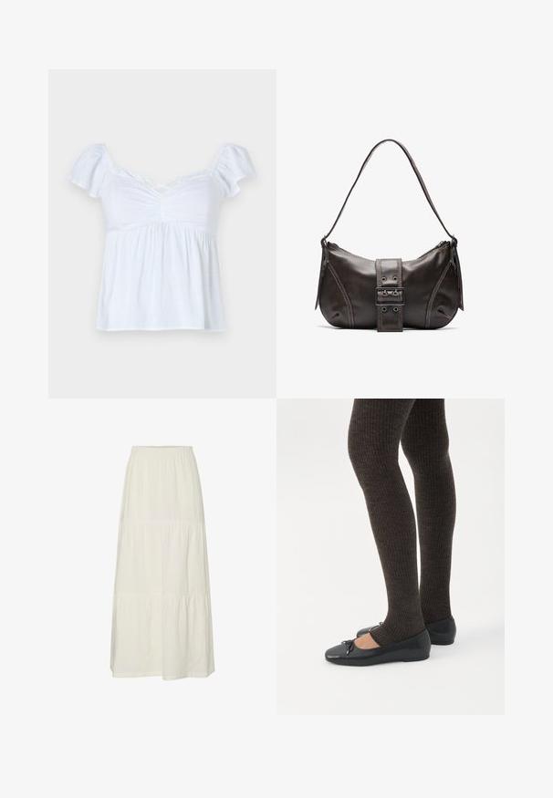Witte blouse met korte puffmouwen, gerimpelde voorkant en een uitlopende zoom. Gemaakt van lichtgewicht stof, heeft een losse pasvorm en een kruislijst halslijn.; Witte, gelaagde maxi-rok van lichtgewicht, gestructureerde stof met een elastische tailleband. Bevat drie verschillende stofsecties.; Benen met donkere geribbelde leggings gecombineerd met zwarte ballerina's met kleine strikdetails op een witte achtergrond.; Bruine leren schoudertas met een gebogen vorm, voorzien van een opvallende gespdetail, contrasterende stiksels en een enkele schouderband.