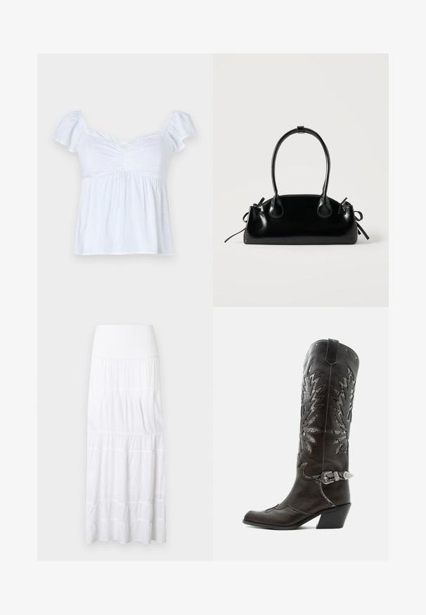 Blusa blanca con mangas cortas abullonadas, detalles fruncidos en la parte delantera y un dobladillo acampanado. Hecha de un tejido ligero, tiene un corte holgado y un escote cruzado.; Falda larga blanca de volantes hecha de tela ligera. Cuenta con una cinturilla elástica y una textura sutil con costuras horizontales.; Bota cowboy de cuero negro con recortes decorativos, hebilla plateada y tacón inclinado, presentada sobre fondo blanco.; Pequeño bolso negro brillante con dos asas largas y detalles de cordón lateral sobre un fondo claro liso.