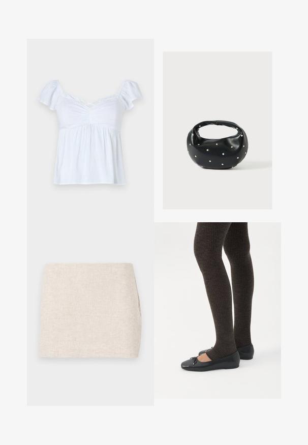 Witte blouse met korte puffmouwen, gerimpelde voorkant en een uitlopende zoom. Gemaakt van lichtgewicht stof, heeft een losse pasvorm en een kruislijst halslijn.; Beige linnen rok met een minimaal ontwerp, voorzien van een gladde textuur en subtiele structuur. Het heeft een rechte, eenvoudige snit zonder zichtbare sluitingen.; Benen met donkere geribbelde leggings gecombineerd met zwarte ballerina's met kleine strikdetails op een witte achtergrond.; Zwarte leren handtas met een afgeronde vorm, versierd met zilveren studs, en een korte handgreep. Gladde textuur en ritsluiting.