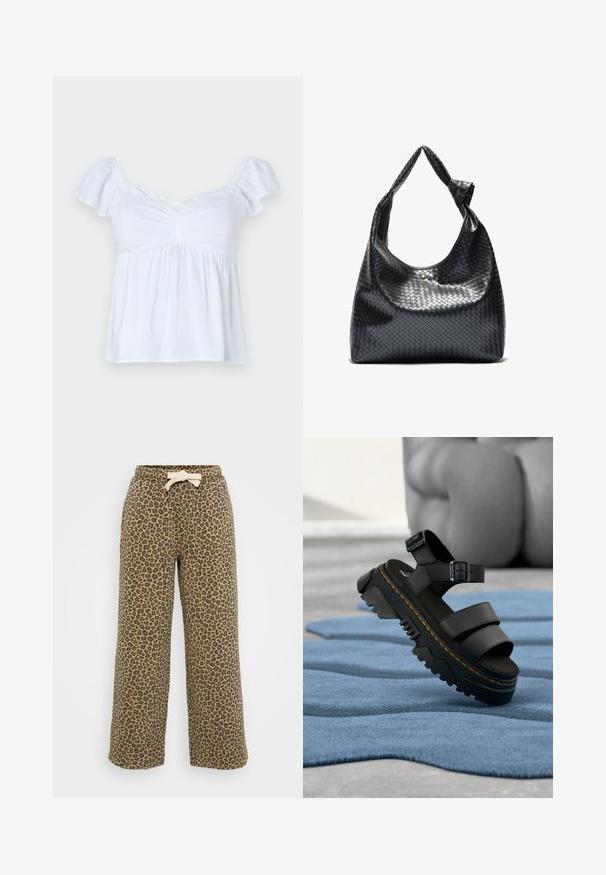 Weißes Blusenshirt mit kurzen Puffärmeln, gerafftem Front-Design und ausgestellt Saum. Hergestellt aus leichtem Stoff, hat einen lockeren Schnitt und einen Kreuzhals-Ausschnitt.; Leopardenmuster-Sweatpants in einem sandfarbenen und schwarzen Farbschema. Mit einem elastischen Taillenbund und einem beigen Kordelzug sowie weitem Bein. Hergestellt aus weichem Stoff.; Schwarze Plateau-Sandale mit dicker Sohle, verstellbarem Knöchelriemen und gelber Naht, liegend auf blauem strukturiertem Stoff.; Schwarze gewebte Lederhandtasche mit lässigem Design, ausgestattet mit einem geknoteten Trageriemen und einem kleinen dekorativen goldenen Nagel am oberen Rand.