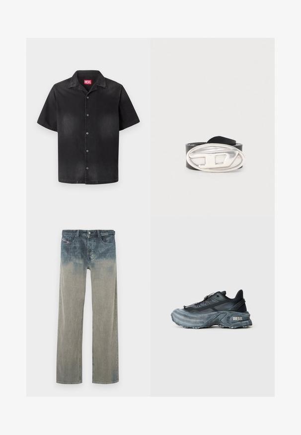 Chemise noire à manches courtes avec col classique, légère décoloration à l'avant, et étiquette de marque Diesel rouge à l'intérieur du col.; Jeans en denim délavé à taille haute, jambe droite, avec un effet ombré passant du bleu foncé au gris clair vers le bas.; Baskets Diesel noires et grises avec semelle épaisse, système de laçage à bascule et design texturé sur fond gris clair uni.; Ceinture en cuir noir roulée avec une grande boucle ovale en argent ornée d'un "D" stylisé en relief.