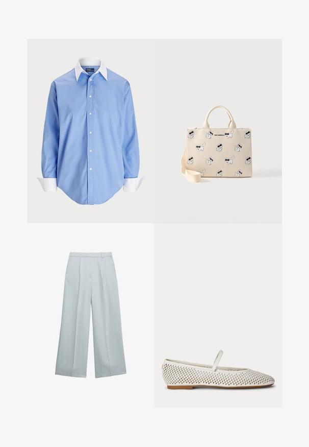 Camisa de botón azul claro con mangas largas y un cuello blanco en contraste. Presenta una textura suave y cinco botones frontales.; Pantalones de pierna ancha color azul claro con pliegues delanteros, trabillas para cinturón y bolsillos laterales, mostrados sobre un fondo blanco.; Zapato de ballet plano blanco con un patrón de malla cruzada y una sola tira fina en la parte superior, mostrado de lado sobre un fondo liso.; Bolsa tote crema con ilustraciones de gatos con gafas de sol negras y asas superiores, con el logo de texto "KARL LAGERFELD".
