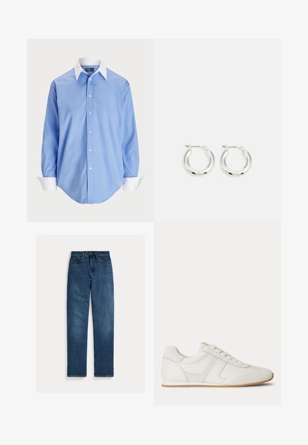Lys blå skjorte med lange ærmer og en hvid kontrastkrave. Har en glat overflade og fem knapper foran.; Straight-leg blå denim jeans med fem lommer, knaplukning og subtil falmning på lår og knæ, lagt fladt på hvid baggrund.; Hvid lavtop sneaker med snørelukning foran, ruskind- og læderpaneler og en lysebrun gummisål på en hvid baggrund.; Sølv hoop-øreringe med en poleret finish, der har en cirkulær form og en hængslet lukning. Glat tekstur med minimal detaljering.