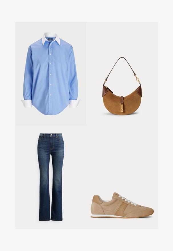 Lys blå skjorte med lange ærmer og en hvid kontrastkrave. Har en glat overflade og fem knapper foran.; Mørkeblå højhælede bootcut-jeans med høj talje, forreste knap og lommer, let falmede områder på lår og knæ, vist på hvid baggrund.; Lysebrun ruskind og læder lavtop-sneaker med hvide snørebånd og hvid gummisål vist fra siden på en hvid baggrund.; Brun ruskind halv-måne taske med mørkebrune læderdetaljer, guldfarvet hardware og kort skulderrem.